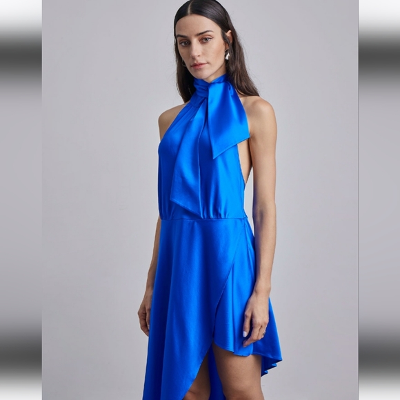 NWT Halter Neck-Tie Hi-Low Silk Midi Dress (Sapphire Blue) - Silk Maison - Picture 4 of 14